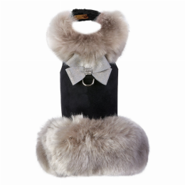 Susan Lanci Designs Platinum Glitzerati Nouveau Bow Silver Fox Faux Fur Coat (Color: Black, Size: Large)