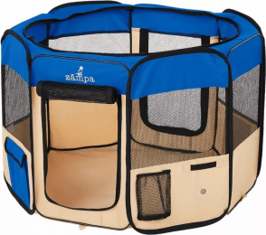 Zampa Portable Foldable Pet playpen Exercise Pen Kennel + Carrying Case (Color: Blue, Size: Medium (45"x45"x24"))